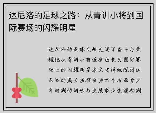 达尼洛的足球之路：从青训小将到国际赛场的闪耀明星