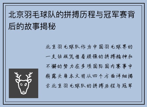 北京羽毛球队的拼搏历程与冠军赛背后的故事揭秘